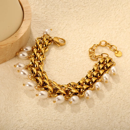 Woven Link Chain Bracelet with Pearl Charms | 18K Gold Plated | Teardrop Pearl Dangles | Adjustable 15+5cm | MOQ 12