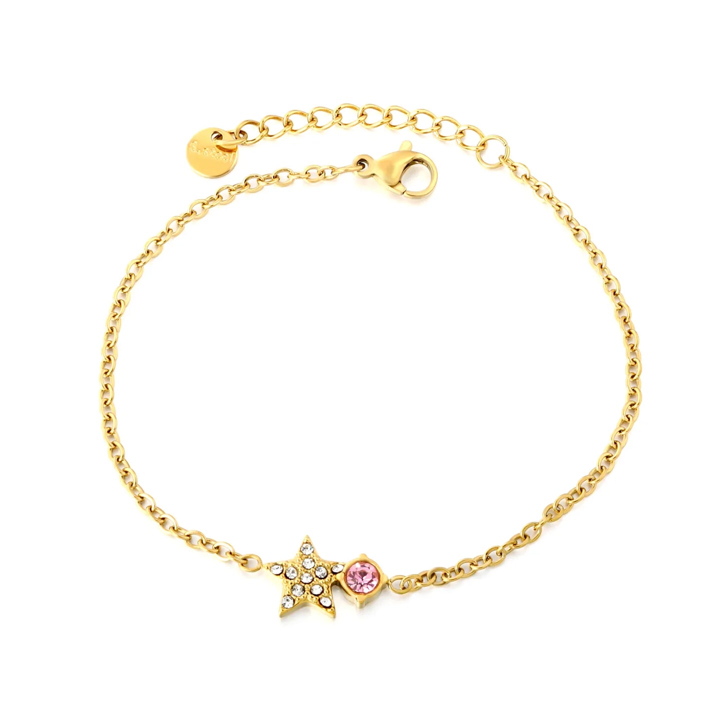 Star & Pink Crystal Charm Chain Bracelet | 18K Gold Plated | Paved Crystal Star | Adjustable 17+3cm | MOQ 12