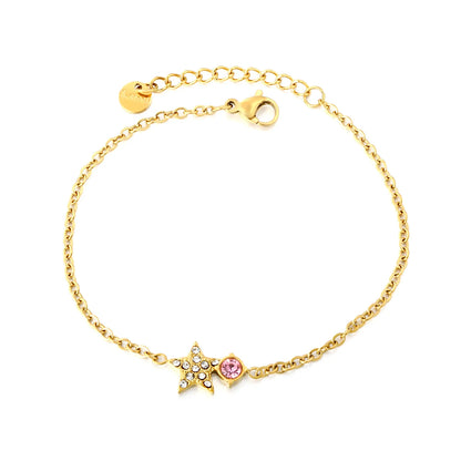 Star & Pink Crystal Charm Chain Bracelet | 18K Gold Plated | Paved Crystal Star | Adjustable 17+3cm | MOQ 12