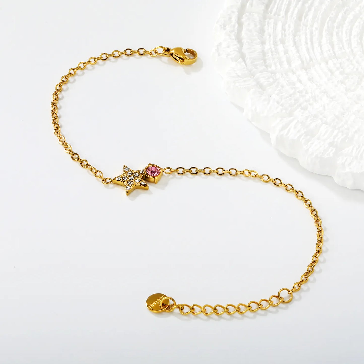 Star & Pink Crystal Charm Chain Bracelet | 18K Gold Plated | Paved Crystal Star | Adjustable 17+3cm | MOQ 12