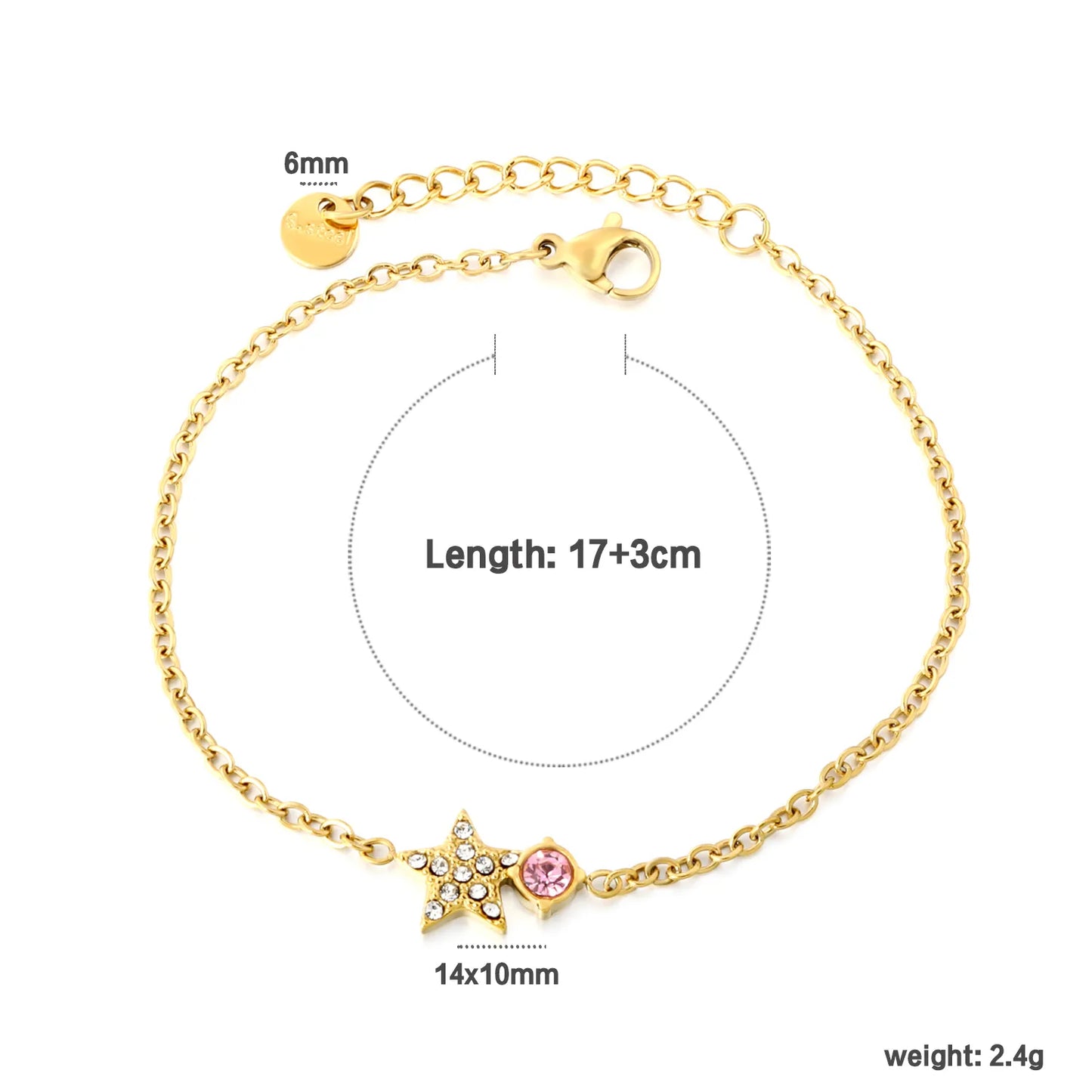 Star & Pink Crystal Charm Chain Bracelet | 18K Gold Plated | Paved Crystal Star | Adjustable 17+3cm | MOQ 12