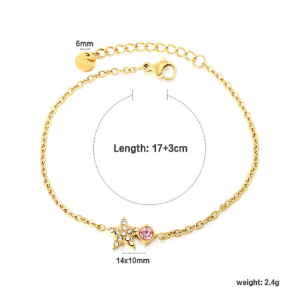 Star & Pink Crystal Charm Chain Bracelet | 18K Gold Plated | Paved Crystal Star | Adjustable 17+3cm | MOQ 12