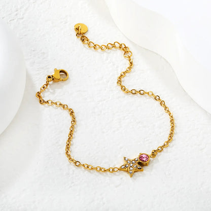 Star & Pink Crystal Charm Chain Bracelet | 18K Gold Plated | Paved Crystal Star | Adjustable 17+3cm | MOQ 12