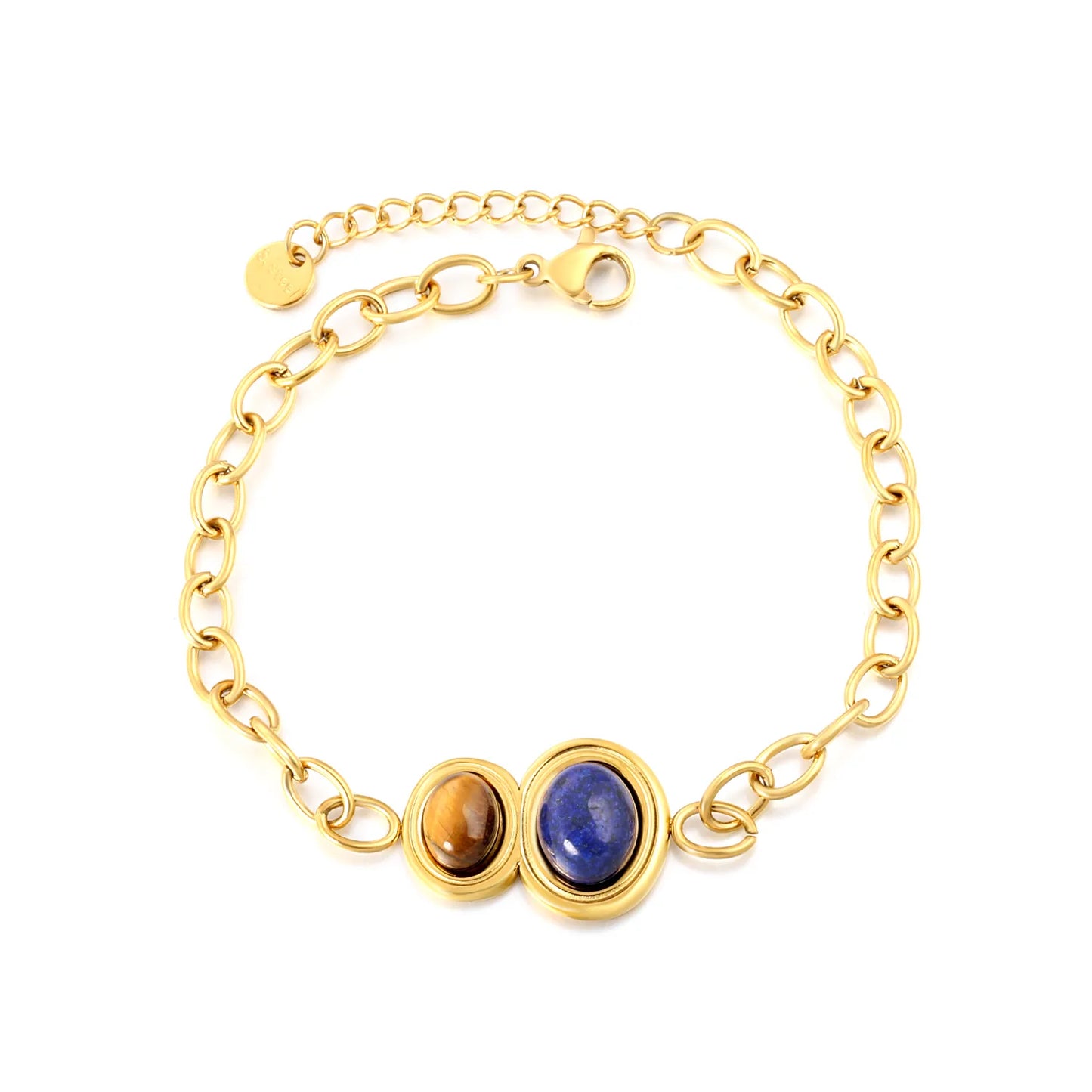 Wholesale Tiger Eye & Lapis Lazuli Oval Gemstone Chain Bracelet | 18K Gold Plated | Chunky Cable Chain | Adjustable 18+3cm | MOQ 12