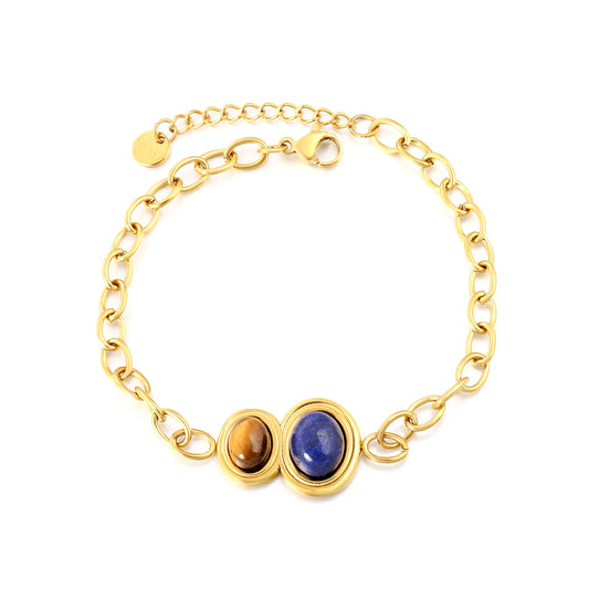Wholesale Tiger Eye & Lapis Lazuli Oval Gemstone Chain Bracelet | 18K Gold Plated | Chunky Cable Chain | Adjustable 18+3cm | MOQ 12