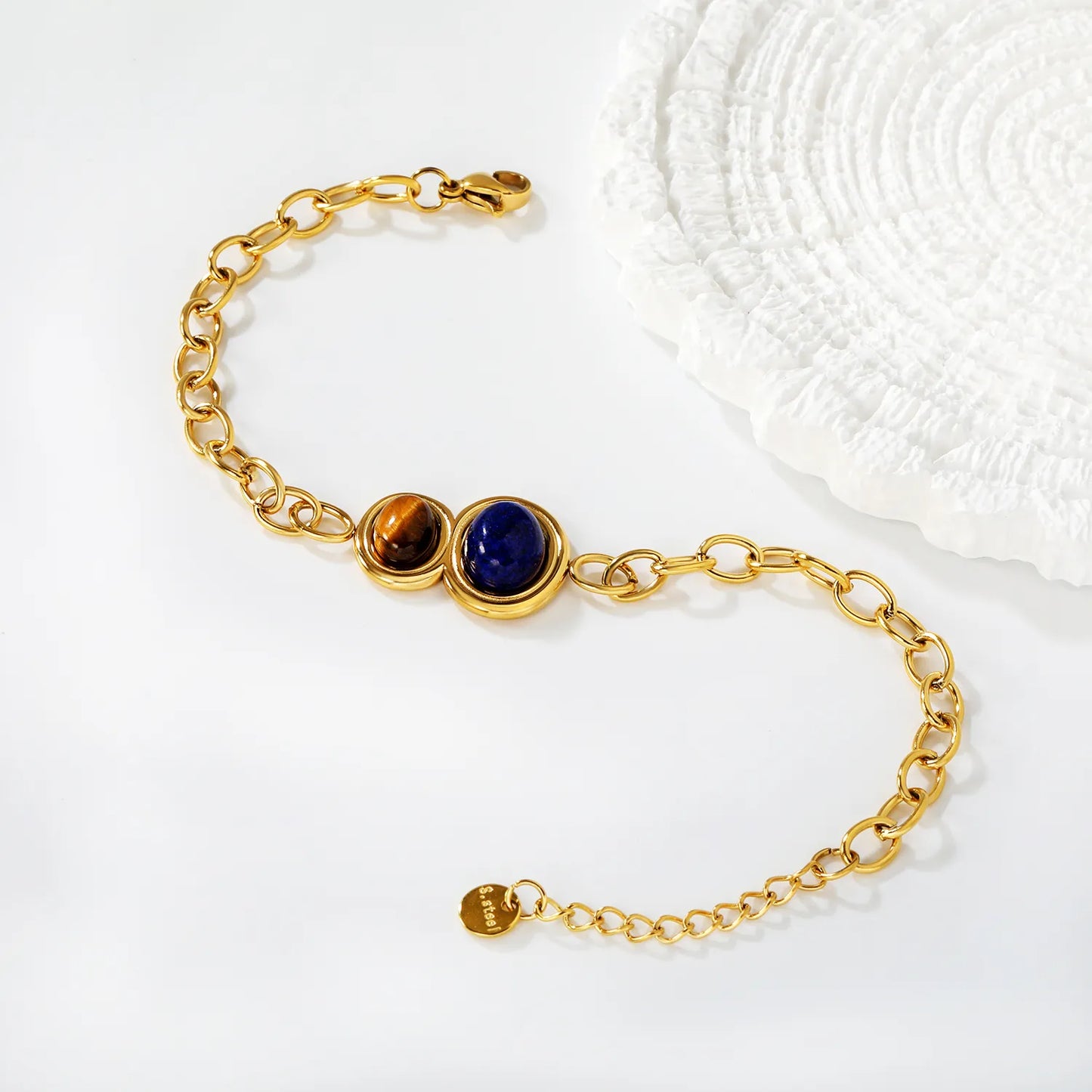 Wholesale Tiger Eye & Lapis Lazuli Oval Gemstone Chain Bracelet | 18K Gold Plated | Chunky Cable Chain | Adjustable 18+3cm | MOQ 12