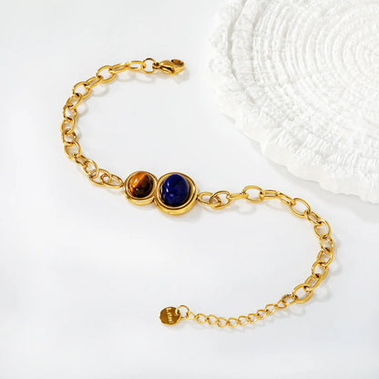 Wholesale Tiger Eye & Lapis Lazuli Oval Gemstone Chain Bracelet | 18K Gold Plated | Chunky Cable Chain | Adjustable 18+3cm | MOQ 12
