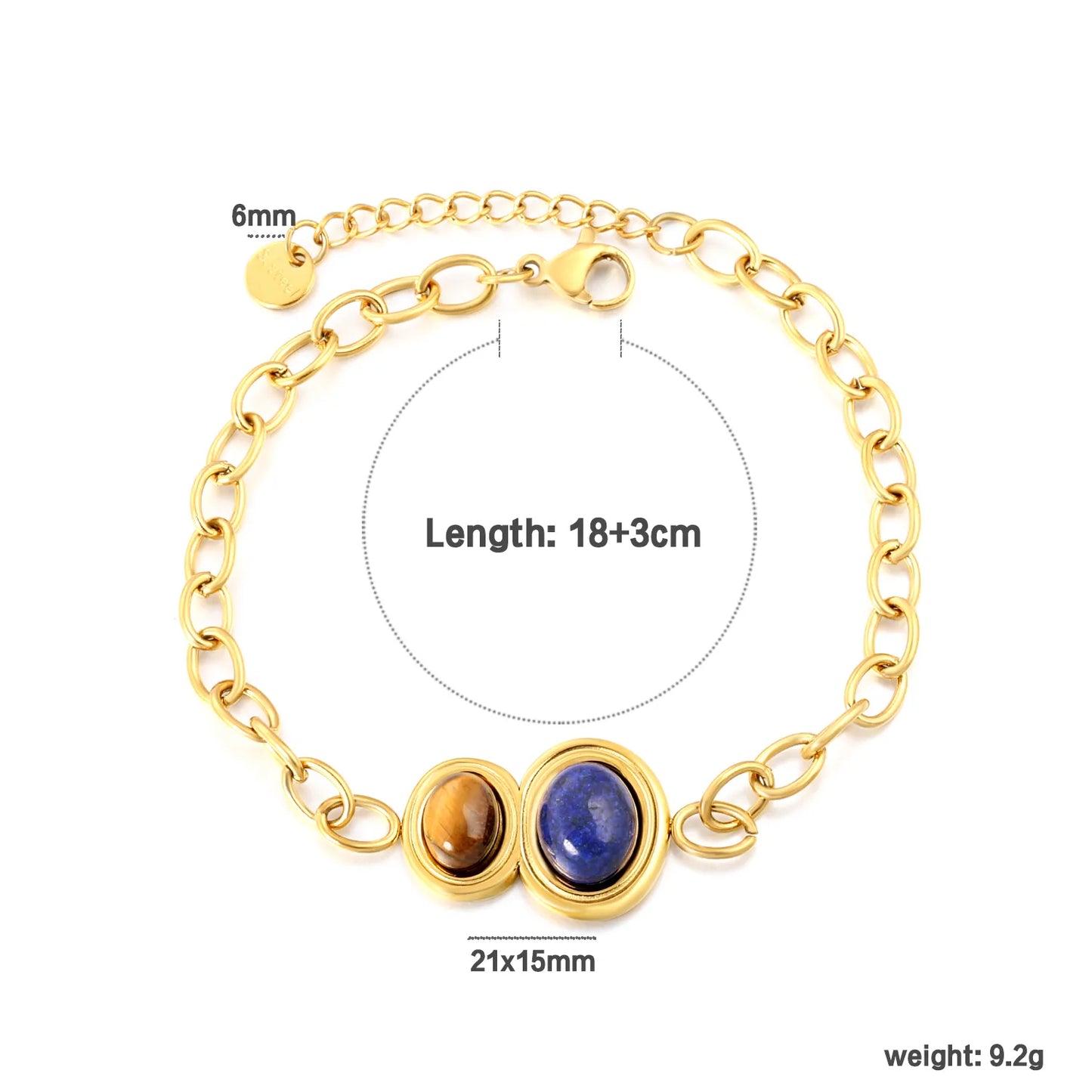 Wholesale Tiger Eye & Lapis Lazuli Oval Gemstone Chain Bracelet | 18K Gold Plated | Chunky Cable Chain | Adjustable 18+3cm | MOQ 12