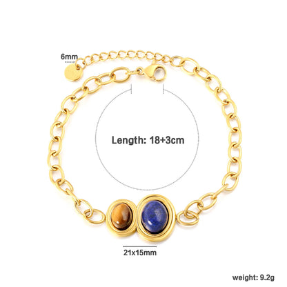 Wholesale Tiger Eye & Lapis Lazuli Oval Gemstone Chain Bracelet | 18K Gold Plated | Chunky Cable Chain | Adjustable 18+3cm | MOQ 12