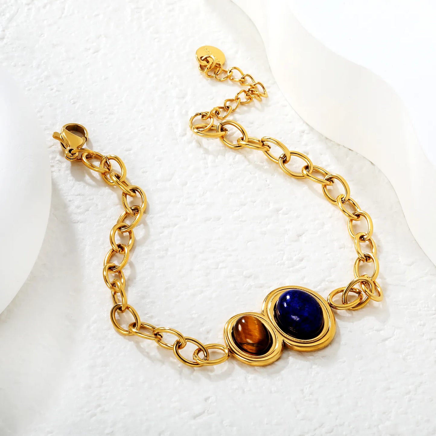 Wholesale Tiger Eye & Lapis Lazuli Oval Gemstone Chain Bracelet | 18K Gold Plated | Chunky Cable Chain | Adjustable 18+3cm | MOQ 12