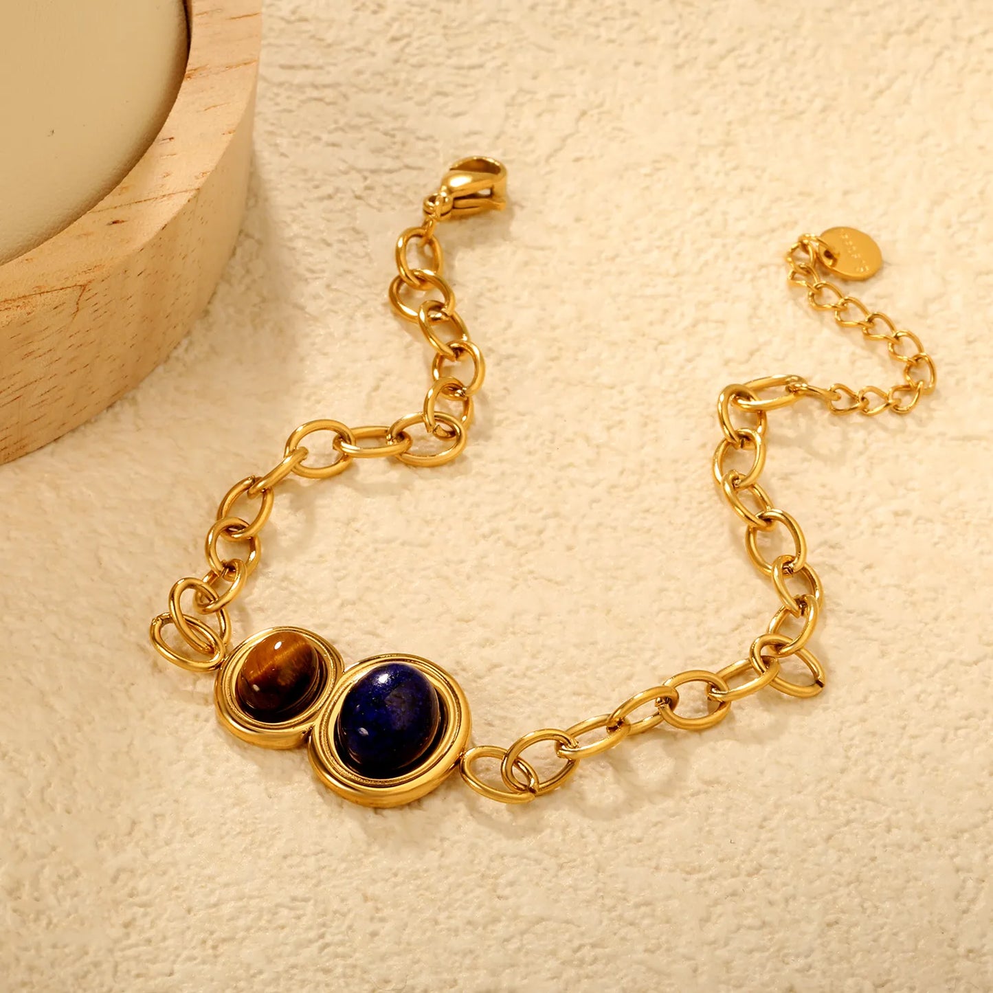 Wholesale Tiger Eye & Lapis Lazuli Oval Gemstone Chain Bracelet | 18K Gold Plated | Chunky Cable Chain | Adjustable 18+3cm | MOQ 12