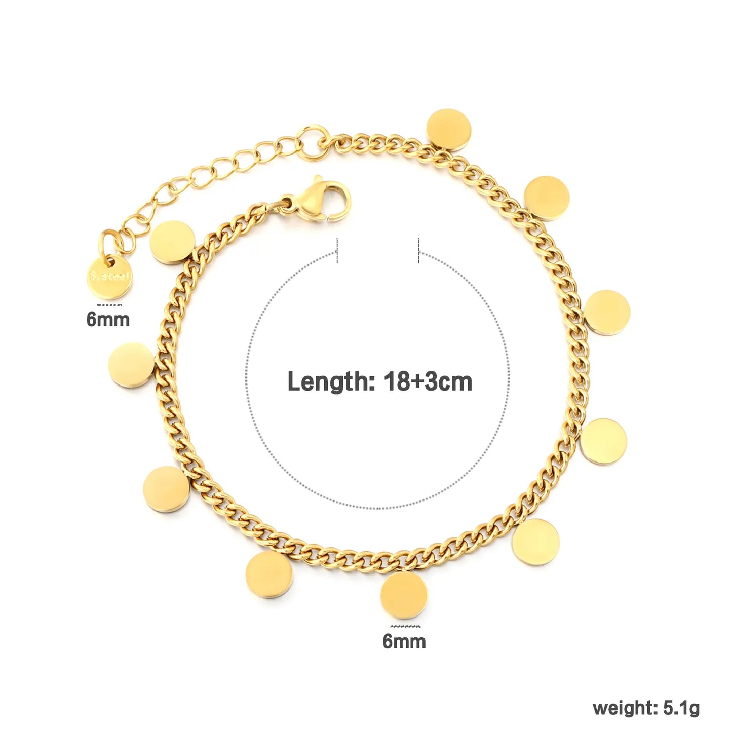 Wholesale 18K Gold Plated Disc Charm Curb Chain Bracelet  | Adjustable Length | MOQ 12