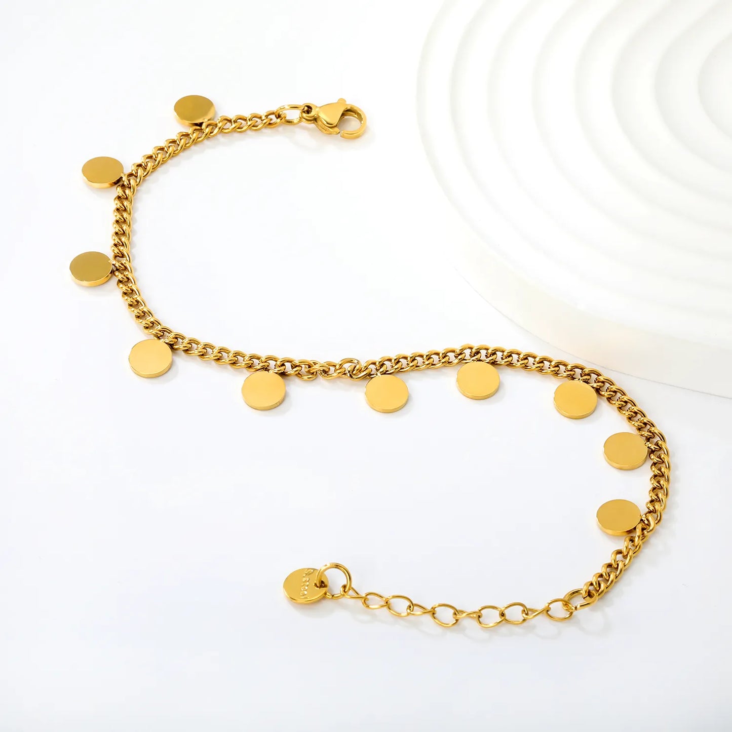 Wholesale 18K Gold Plated Disc Charm Curb Chain Bracelet  | Adjustable Length | MOQ 12