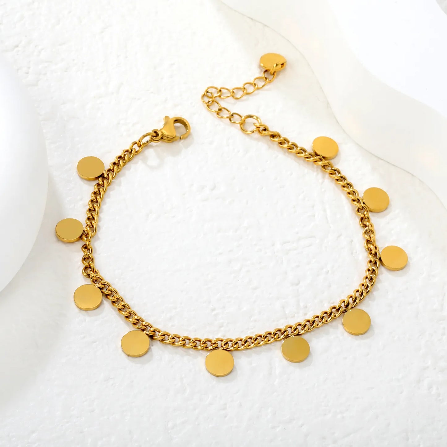 Wholesale 18K Gold Plated Disc Charm Curb Chain Bracelet  | Adjustable Length | MOQ 12