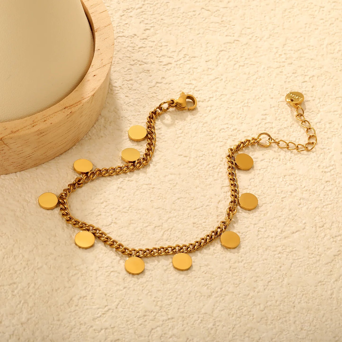 Wholesale 18K Gold Plated Disc Charm Curb Chain Bracelet  | Adjustable Length | MOQ 12