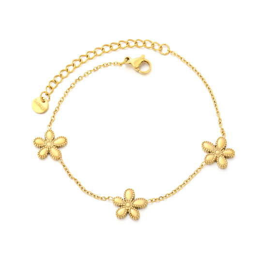 Wholesale Textured Flower Chain Bracelet | 18K Gold Plated | Adjustable Length | Bulk Order MOQ 12
