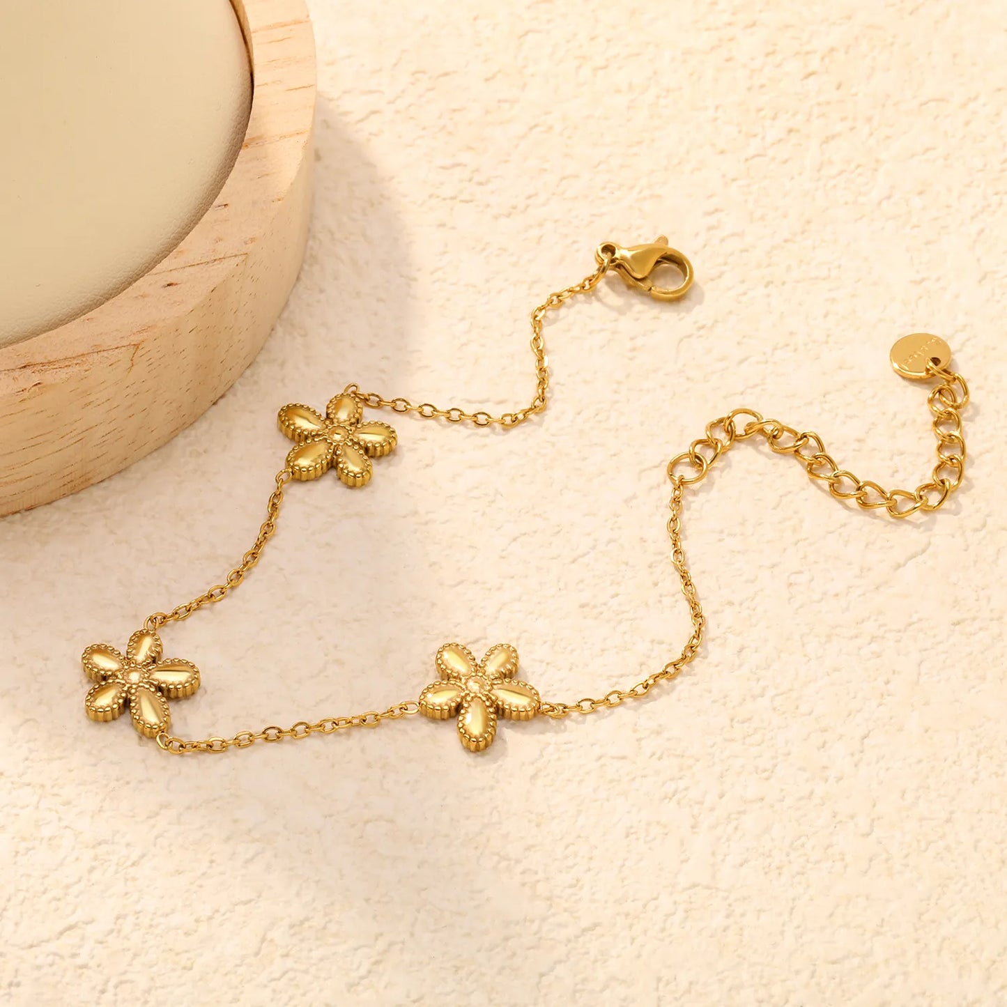 Wholesale Textured Flower Chain Bracelet | 18K Gold Plated | Adjustable Length | Bulk Order MOQ 12