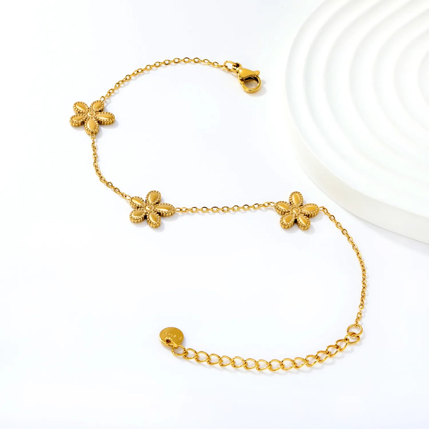 Wholesale Textured Flower Chain Bracelet | 18K Gold Plated | Adjustable Length | Bulk Order MOQ 12