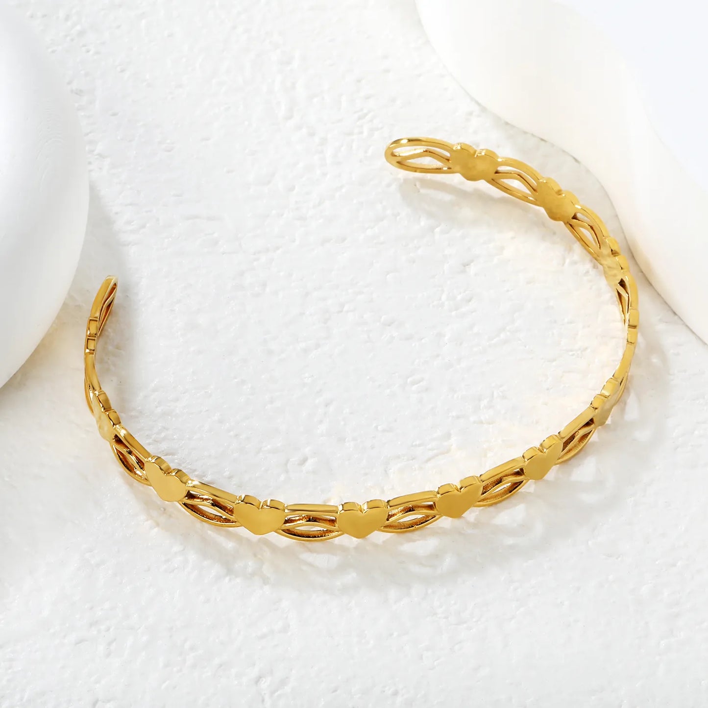 Wholesale Heart Link Open Cuff Bangle | Gold & Silver Finishes | Stainless Steel | MOQ 12
