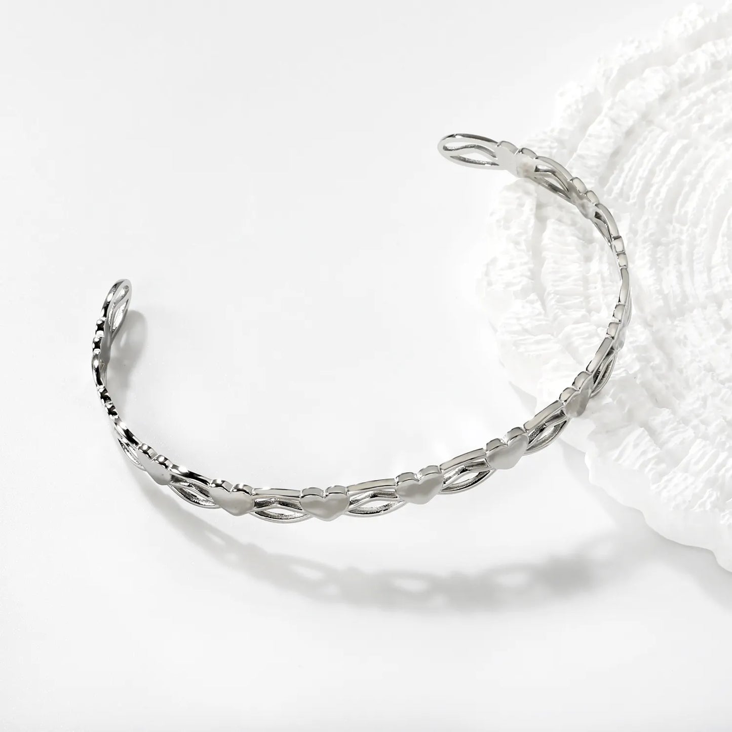 Wholesale Heart Link Open Cuff Bangle | Gold & Silver Finishes | Stainless Steel | MOQ 12