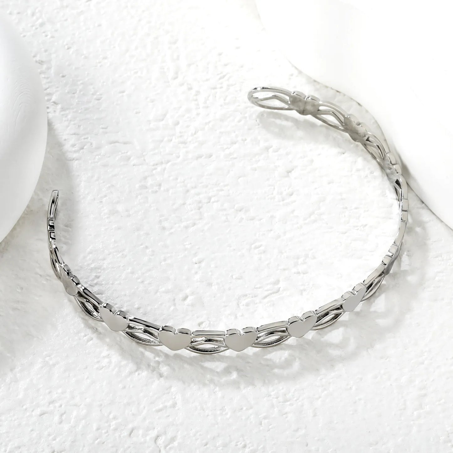 Wholesale Heart Link Open Cuff Bangle | Gold & Silver Finishes | Stainless Steel | MOQ 12