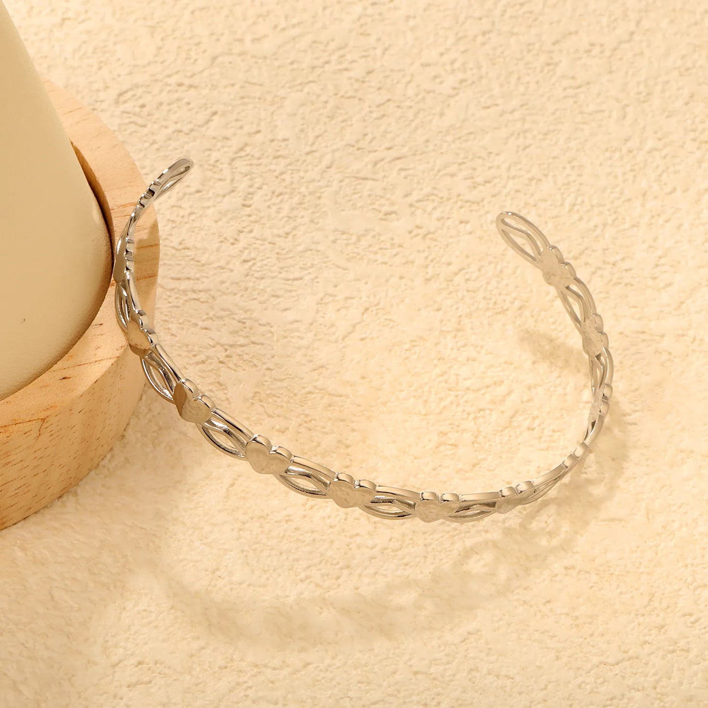 Wholesale Heart Link Open Cuff Bangle | Gold & Silver Finishes | Stainless Steel | MOQ 12