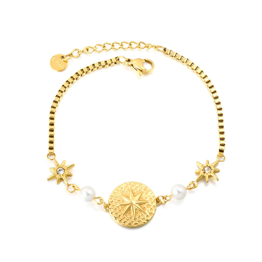 North Star & Pearl Charm Chain Bracelet | Gold/Silver Color | Wholesale MOQ 12 | 18K Gold Plated