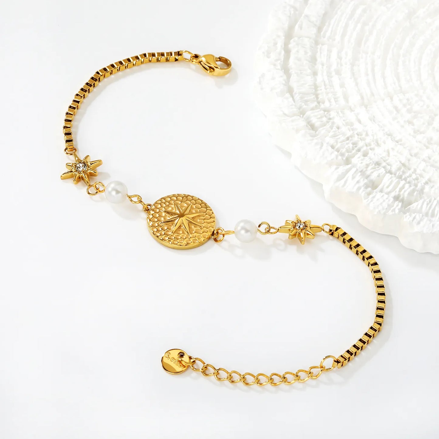 North Star & Pearl Charm Chain Bracelet | Gold/Silver Color | Wholesale MOQ 12 | 18K Gold Plated