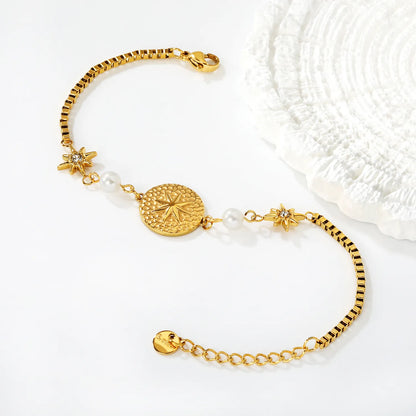 North Star & Pearl Charm Chain Bracelet | Gold/Silver Color | Wholesale MOQ 12 | 18K Gold Plated