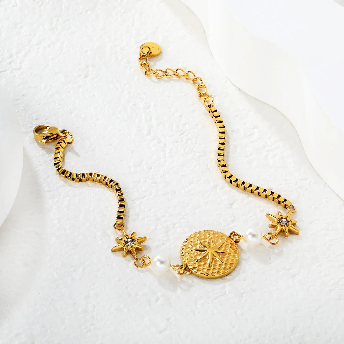 North Star & Pearl Charm Chain Bracelet | Gold/Silver Color | Wholesale MOQ 12 | 18K Gold Plated
