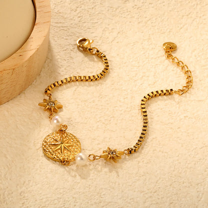 North Star & Pearl Charm Chain Bracelet | Gold/Silver Color | Wholesale MOQ 12 | 18K Gold Plated