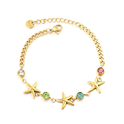 Wholesale Starfish & Multicolor Crystal Charm Chain Bracelet | 18K Gold Plated & Silver | Adjustable 17+3cm | MOQ 12