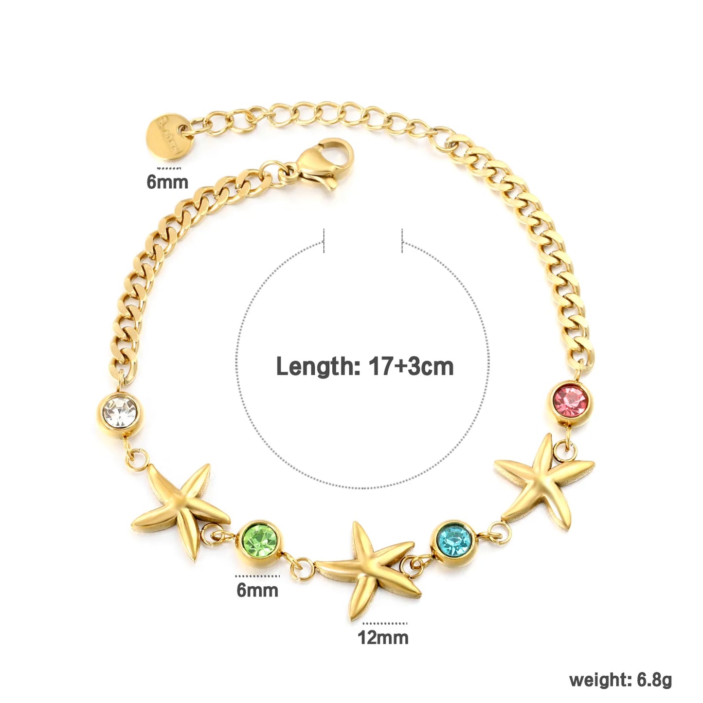 Wholesale Starfish & Multicolor Crystal Charm Chain Bracelet | 18K Gold Plated & Silver | Adjustable 17+3cm | MOQ 12