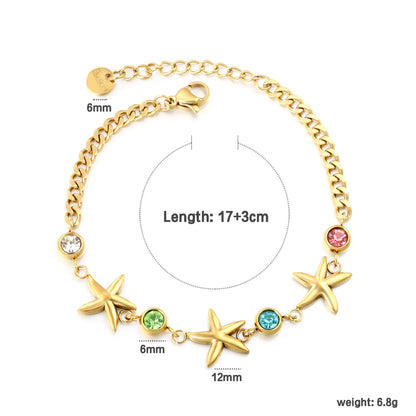 Wholesale Starfish & Multicolor Crystal Charm Chain Bracelet | 18K Gold Plated & Silver | Adjustable 17+3cm | MOQ 12