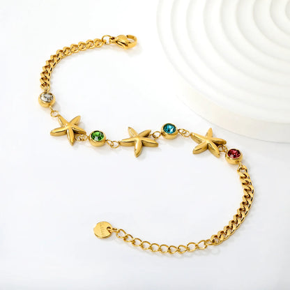 Wholesale Starfish & Multicolor Crystal Charm Chain Bracelet | 18K Gold Plated & Silver | Adjustable 17+3cm | MOQ 12