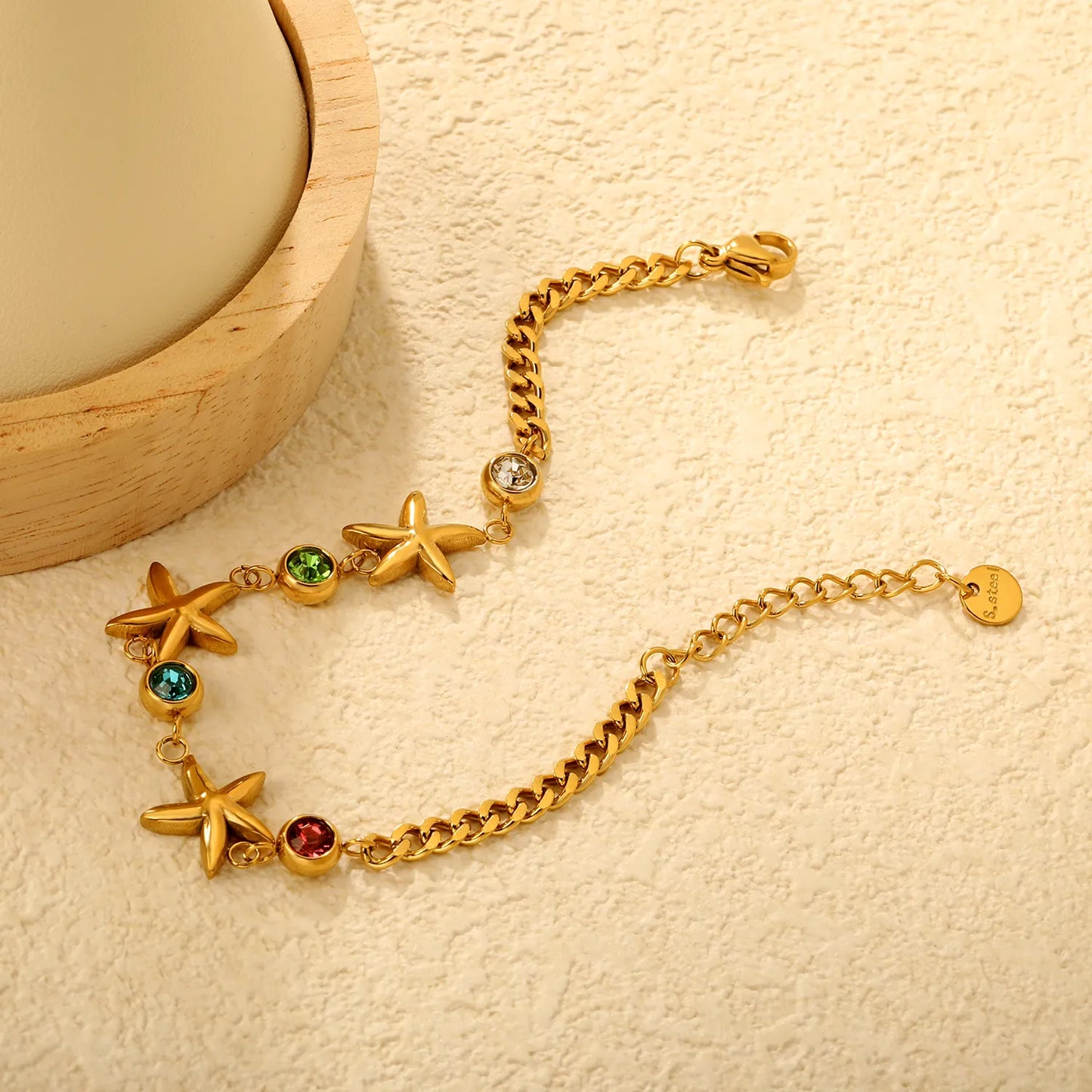 Wholesale Starfish & Multicolor Crystal Charm Chain Bracelet | 18K Gold Plated & Silver | Adjustable 17+3cm | MOQ 12