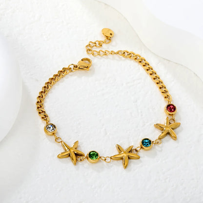 Wholesale Starfish & Multicolor Crystal Charm Chain Bracelet | 18K Gold Plated & Silver | Adjustable 17+3cm | MOQ 12