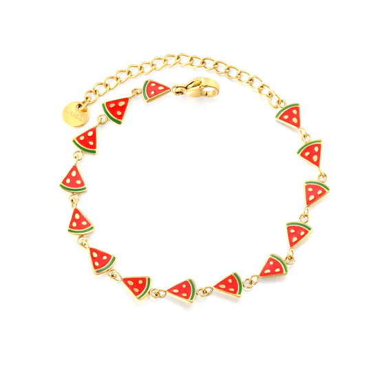 Wholesale Enamel  Charm Chain Bracelet Set | 18K Gold Plated | Watermelon Slice & Ladybug Charms | Adjustable Length | MOQ 12