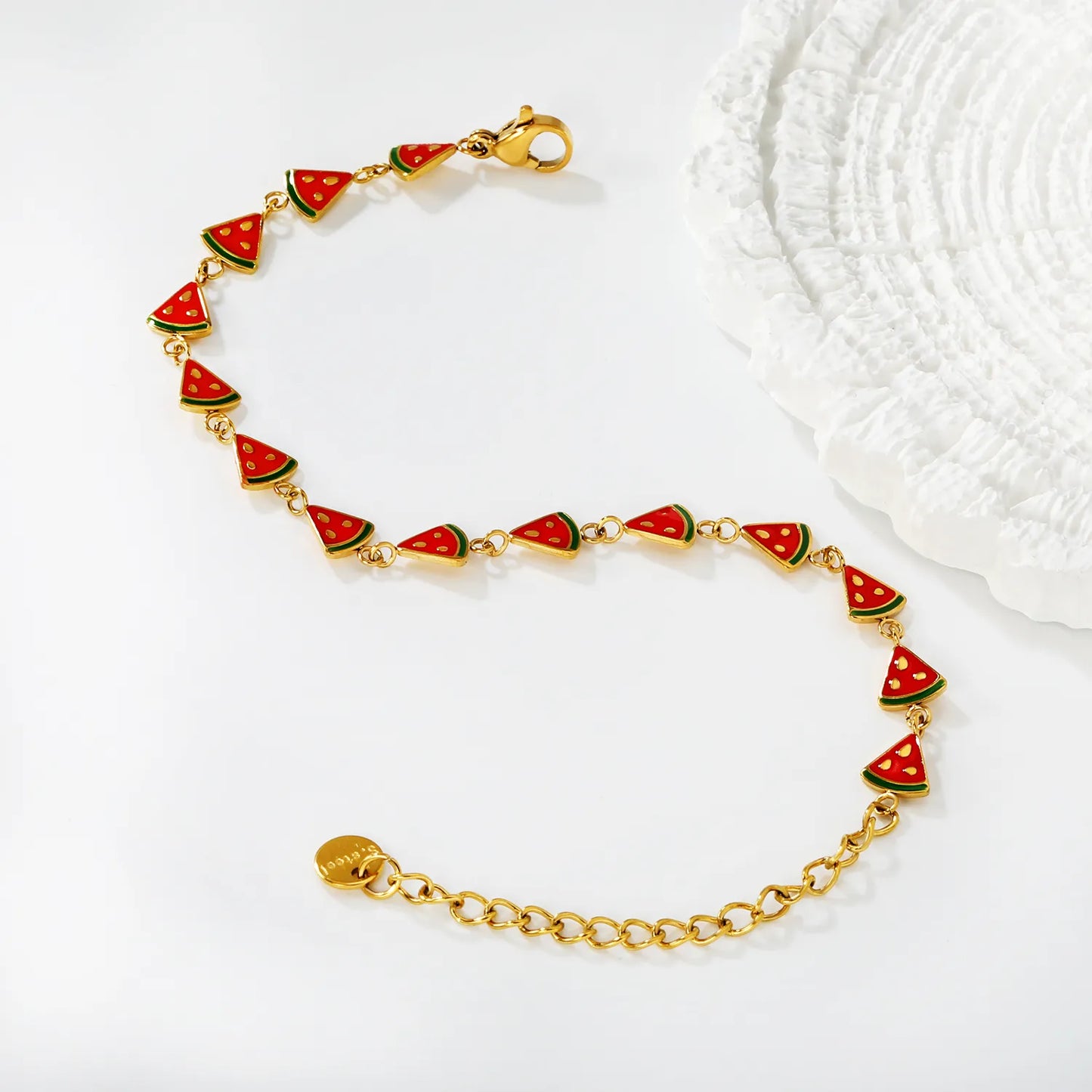Wholesale Enamel  Charm Chain Bracelet Set | 18K Gold Plated | Watermelon Slice & Ladybug Charms | Adjustable Length | MOQ 12