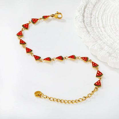 Wholesale Enamel  Charm Chain Bracelet Set | 18K Gold Plated | Watermelon Slice & Ladybug Charms | Adjustable Length | MOQ 12