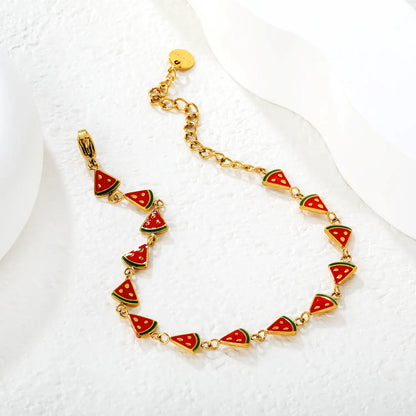 Wholesale Enamel  Charm Chain Bracelet Set | 18K Gold Plated | Watermelon Slice & Ladybug Charms | Adjustable Length | MOQ 12