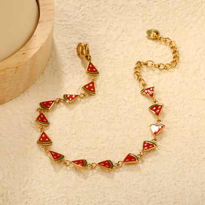 Wholesale Enamel  Charm Chain Bracelet Set | 18K Gold Plated | Watermelon Slice & Ladybug Charms | Adjustable Length | MOQ 12