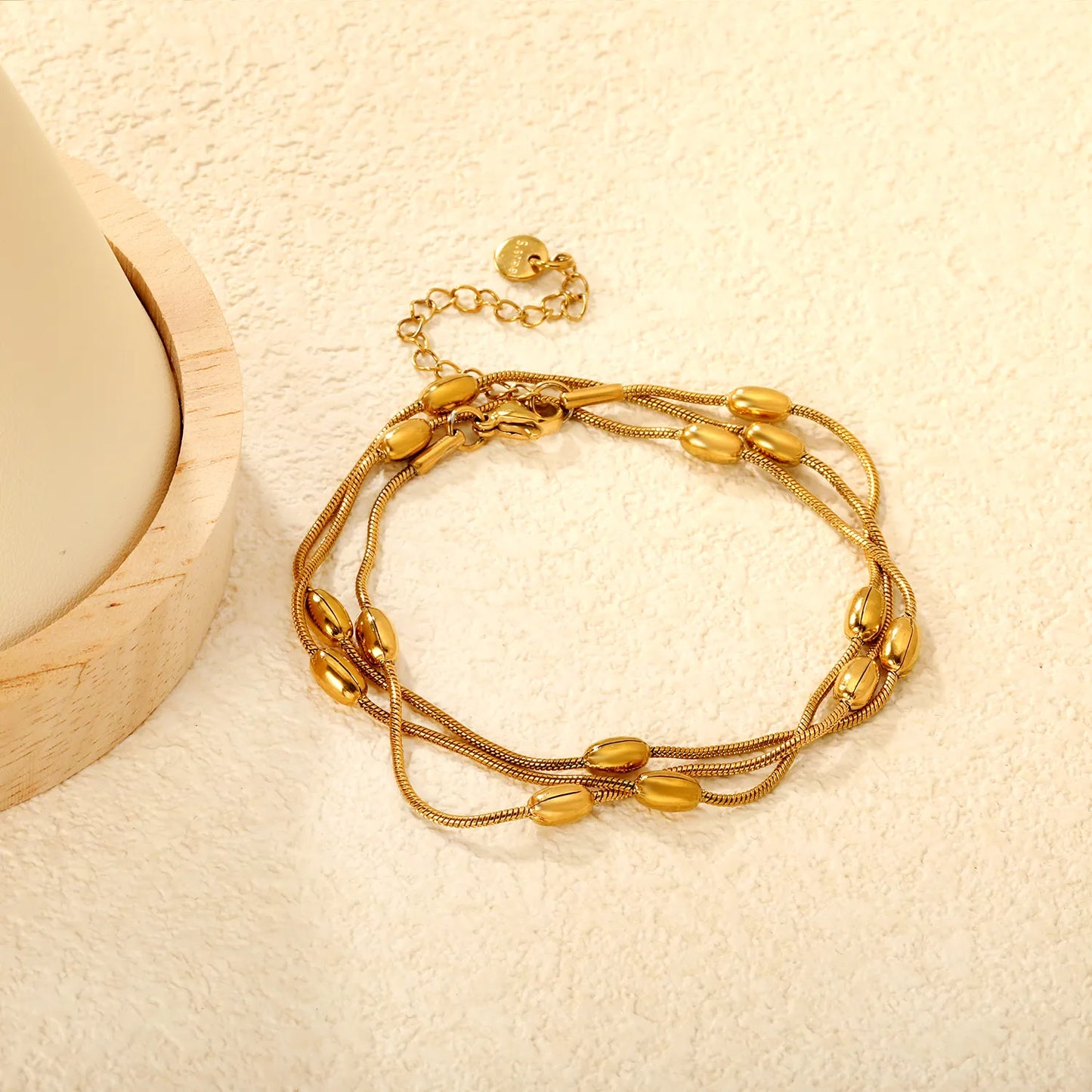 Wholesale Layered Chain Bracelet with Oval Bead Charm | 18K Gold Plated & Silver | Adjustable Length | MOQ 12