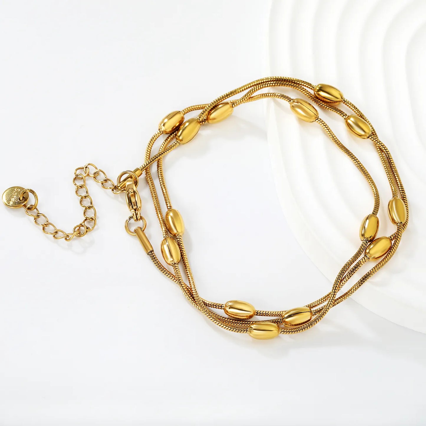 Wholesale Layered Chain Bracelet with Oval Bead Charm | 18K Gold Plated & Silver | Adjustable Length | MOQ 12
