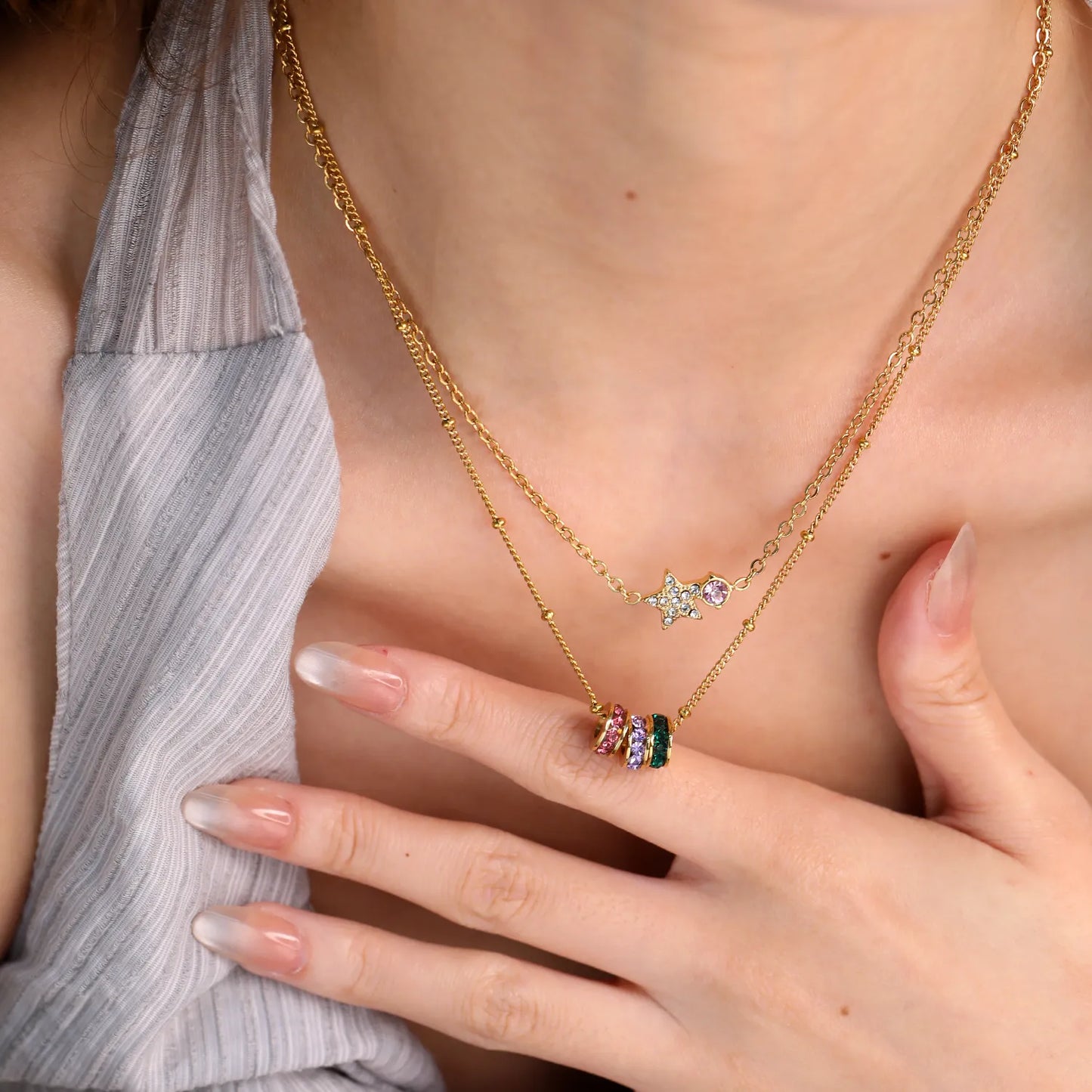 Dainty Chain Necklace with Crystal-encrusted Spiral Beads | 18K Gold Plated | Wholesale MOQ 12