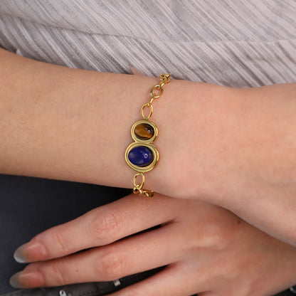 Wholesale Tiger Eye & Lapis Lazuli Oval Gemstone Chain Bracelet | 18K Gold Plated | Chunky Cable Chain | Adjustable 18+3cm | MOQ 12