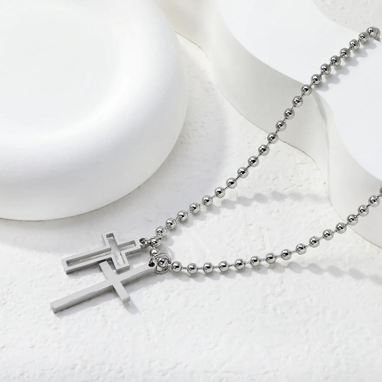 Layered Double Cross Pendant Ball Chain Necklace | Wholesale Order MOQ 12