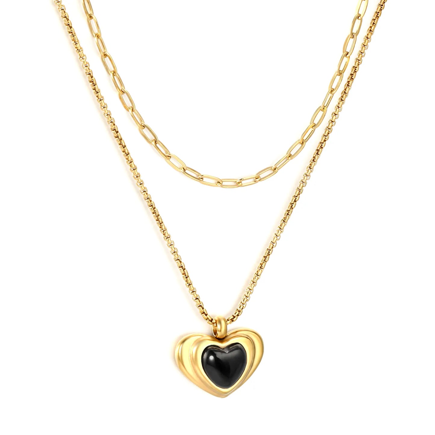 18K Gold Plated Double Layer Heart Pendant Necklace (Black/Red Heart) | Wholesale MOQ 12