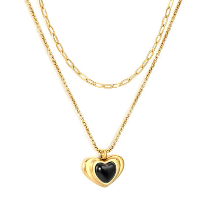 18K Gold Plated Double Layer Heart Pendant Necklace (Black/Red Heart) | Wholesale MOQ 12