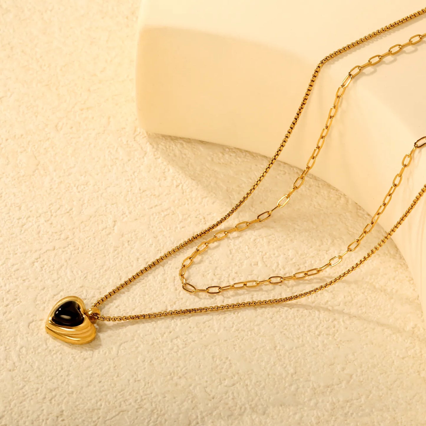 18K Gold Plated Double Layer Heart Pendant Necklace (Black/Red Heart) | Wholesale MOQ 12